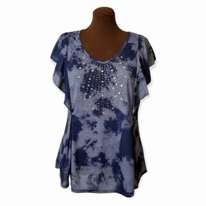 NWT One World Blue Shibori Tie-Dye Top Plus Size 1X Embellished Butterfly Sleeve
